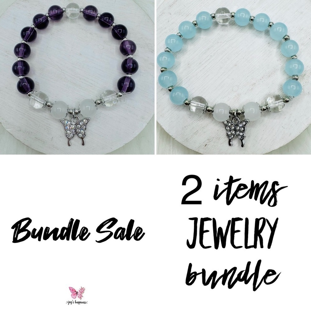 Violet & Blue Beaded w/ Sparkly Butterfly Charm Bracelet Bundle- Small wrists